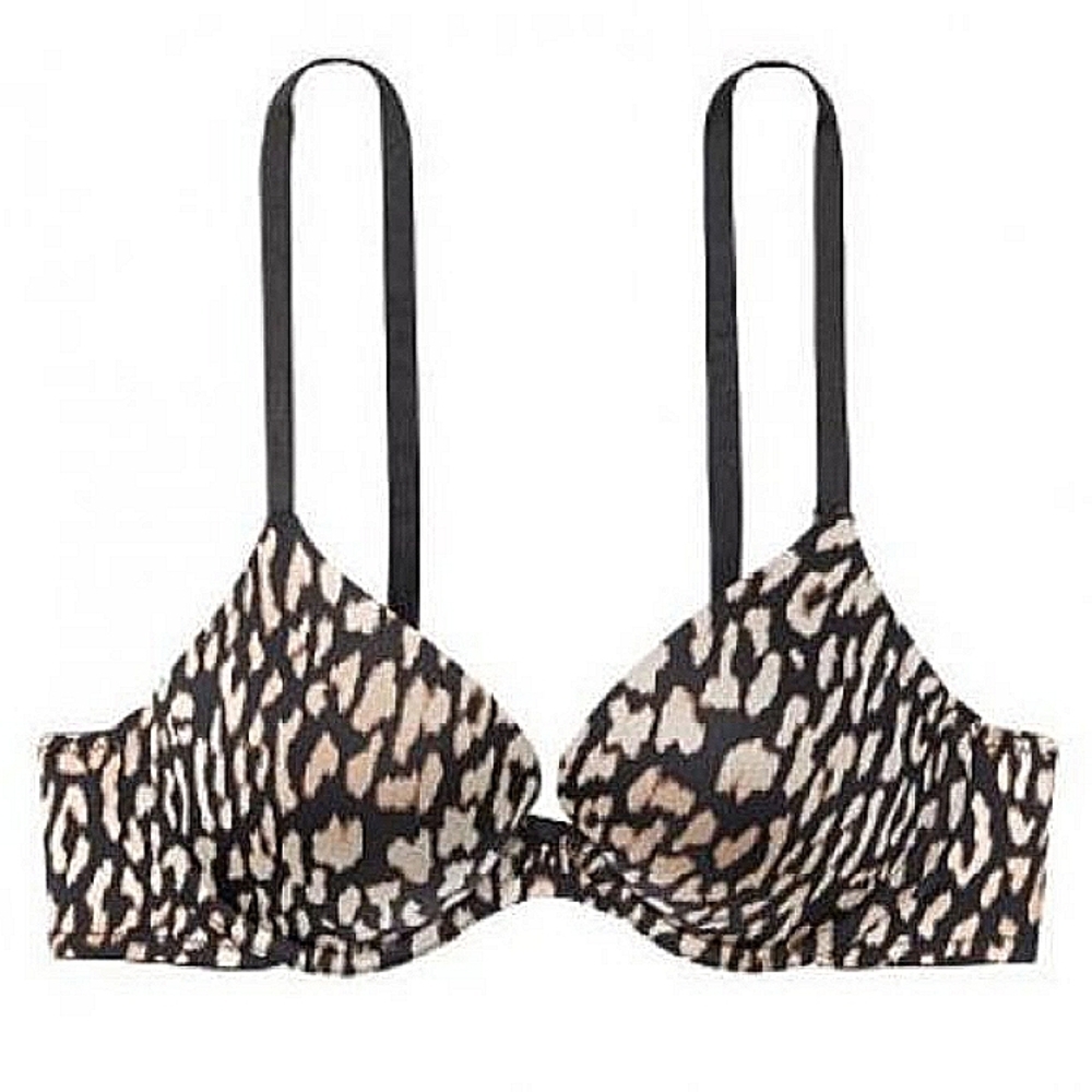 Victoria's Secret Sexy Tee Push Up Bra Black Beige Leopard Spot 32DD E Pushup VS
